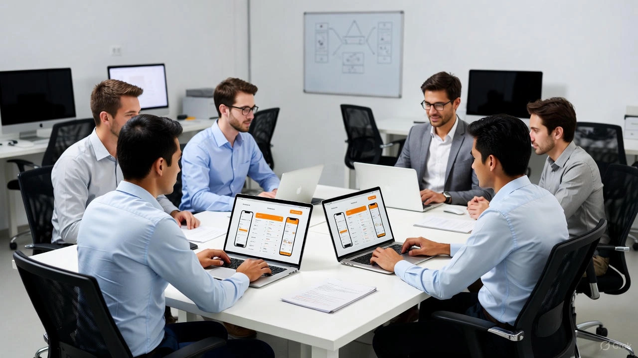 Mobile app developer writing code on a laptop, white desk, orange code editor highlights, black keyboard